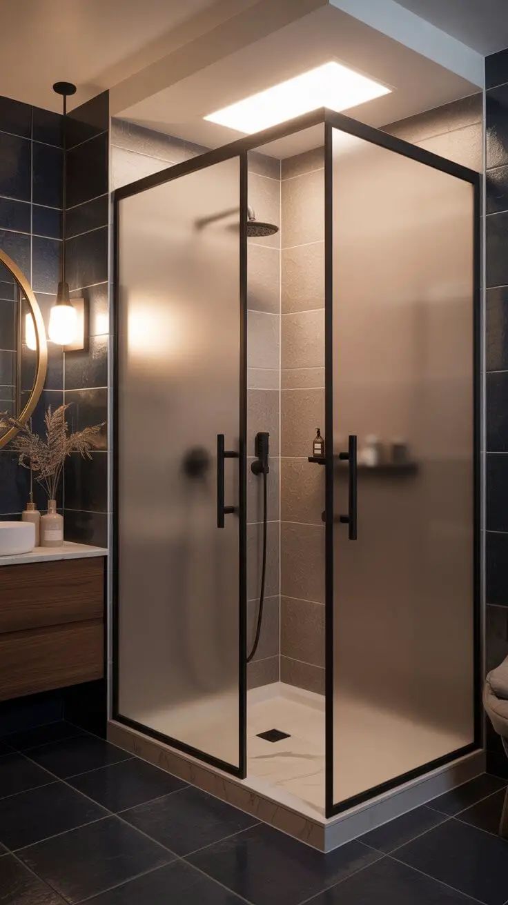 Kaca Shower Box Frame Hitam Sandblast Full Pintu Swing